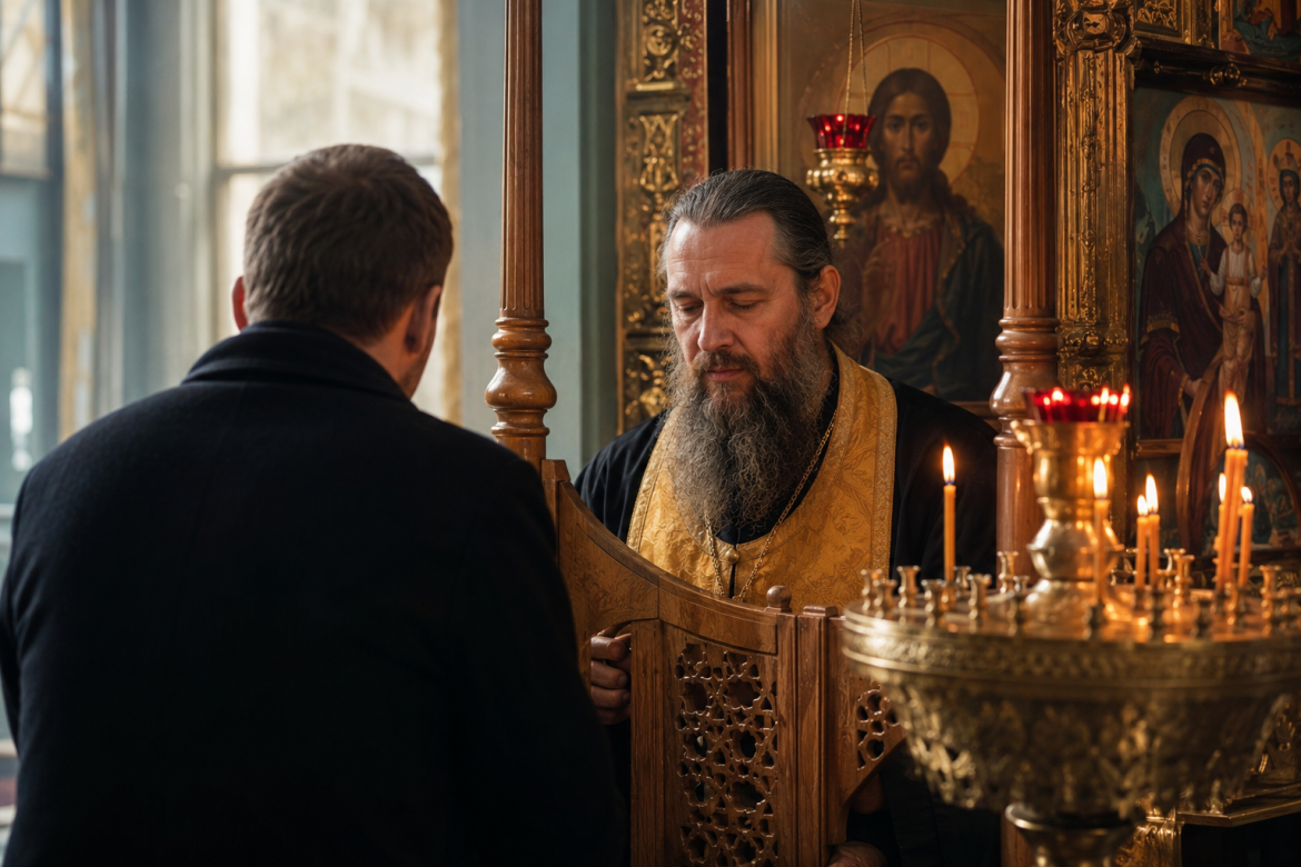 Ultra realistic photorealistic image of a peaceful Orthodox church interior with a Slavic adult standing respectfully before a priest in preparation for first confession, warm candlelight, sacred atmosphere, beautiful icons in the background, bright natural lighting, highly detailed, cinematic photography, 8k, no text, no watermark